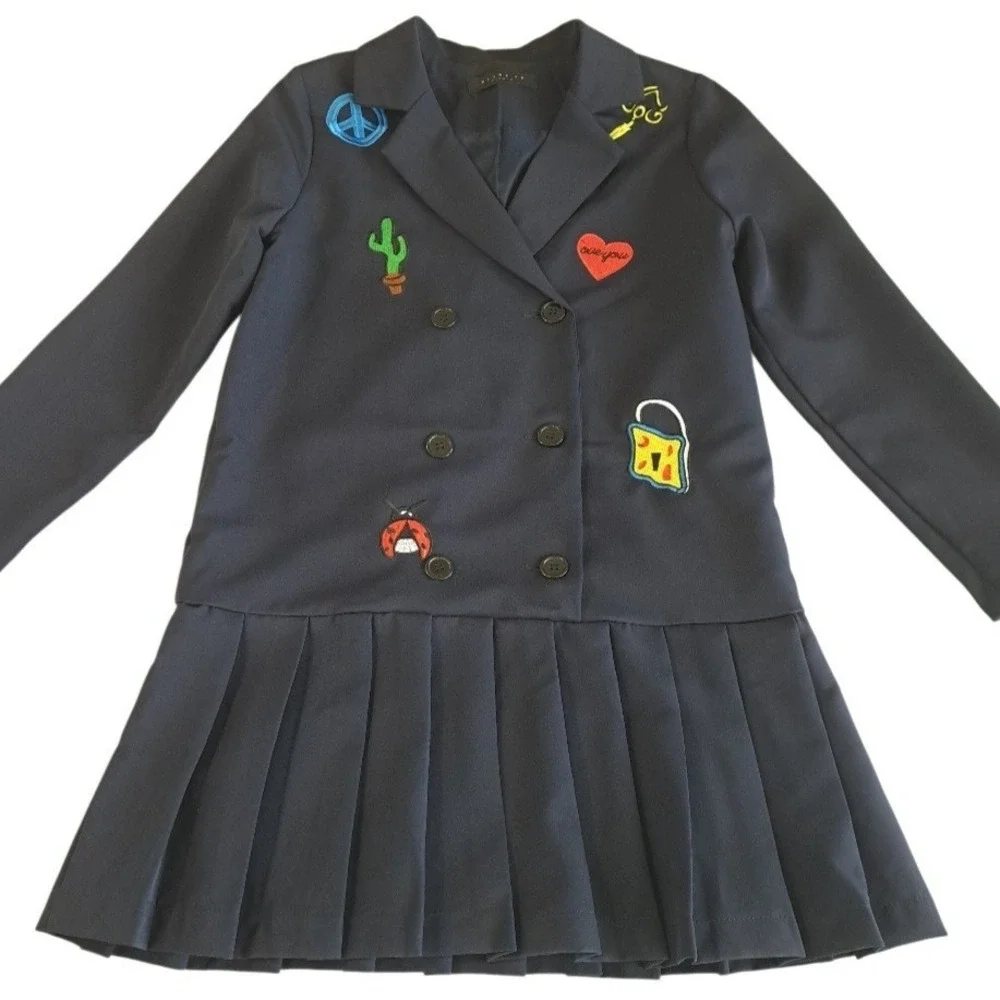 Blanc Jo Studio Blazer‎ Dress Medium Blue Embroidered Double Breasted Pleated